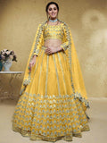 Astounding Yellow Foil Work Net Function Wear Lehenga Choli - Zeel Clothing
