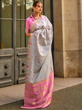 Attracting Grey Zari Weaving Silk Traditional Saree With Blouse - Zeel Clothing