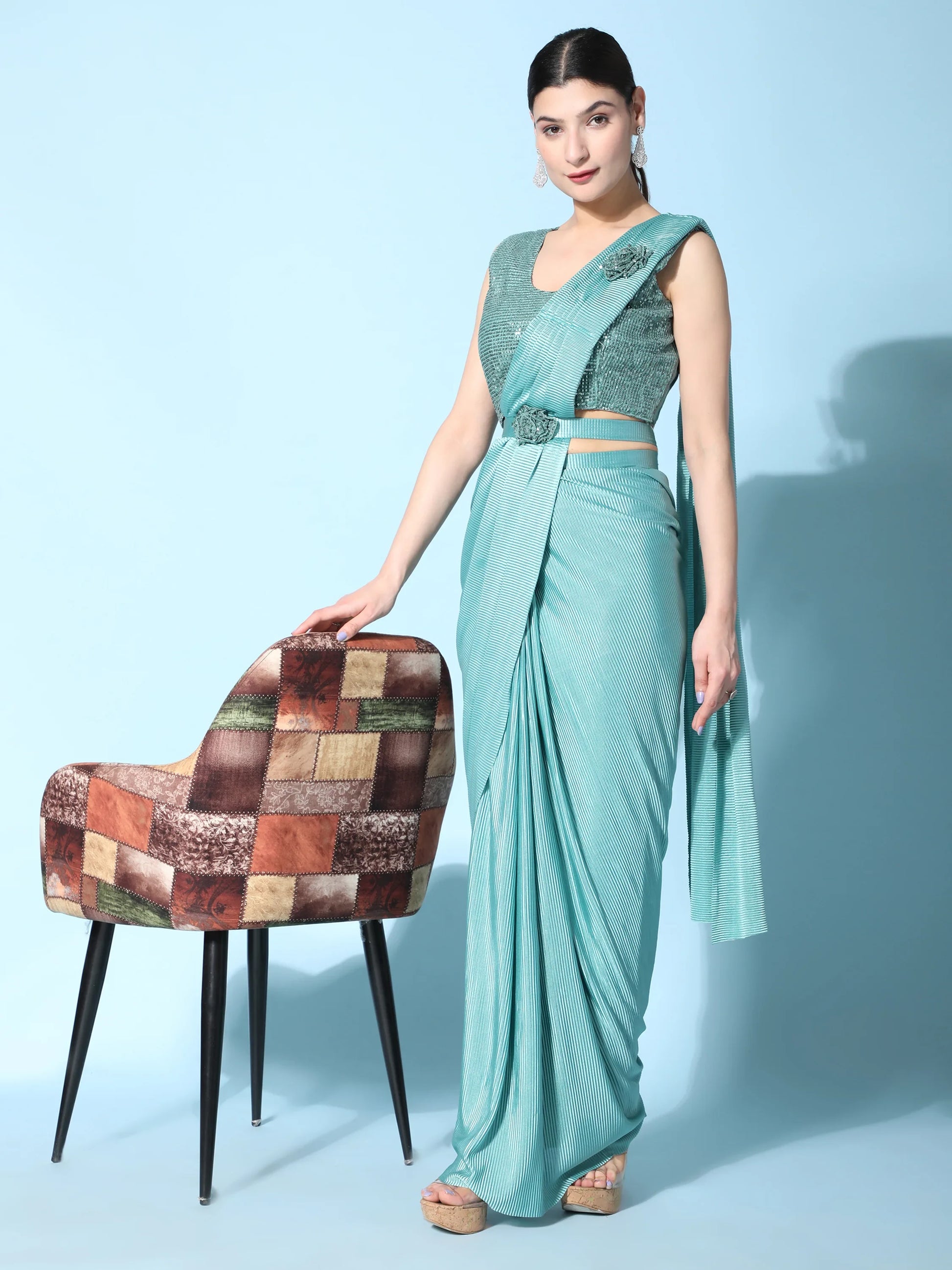 Attractive Aqua Blue Readymade Designer Saree With Blouse - Zeel Clothing
