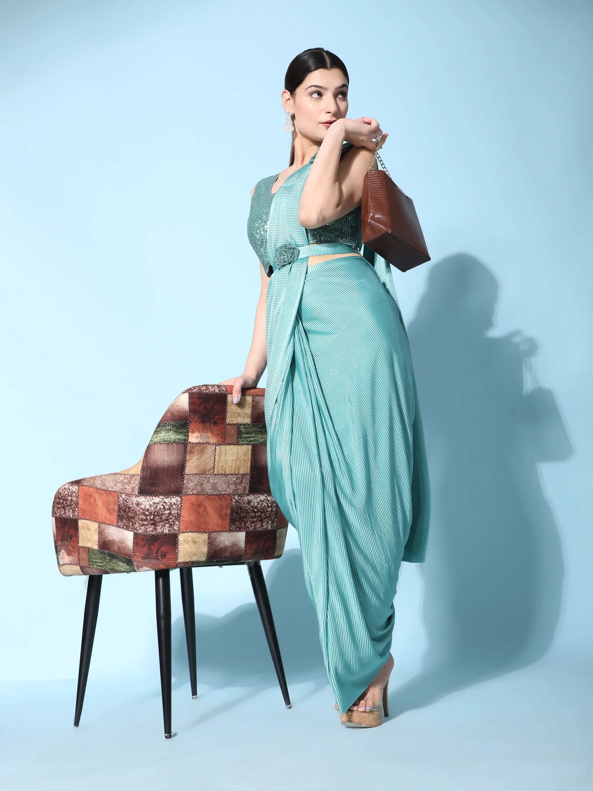 Attractive Aqua Blue Readymade Designer Saree With Blouse - Zeel Clothing