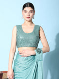 Attractive Aqua Blue Readymade Designer Saree With Blouse - Zeel Clothing