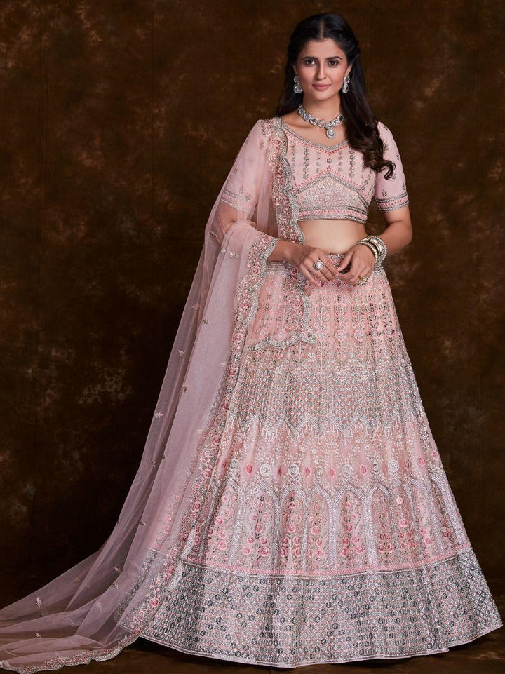 Attractive Baby Pink Embroidered Soft Net Bridesmaid Lehenga Choli