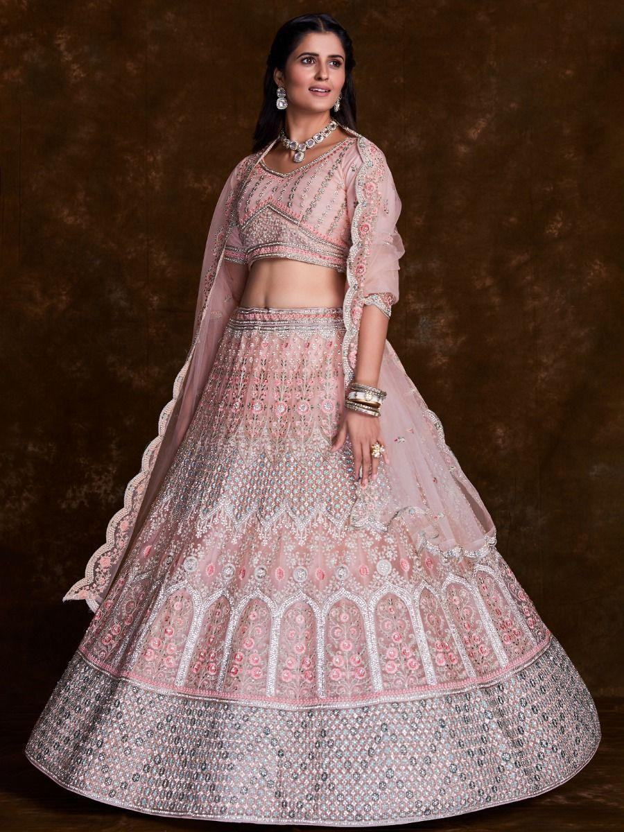 Attractive Baby Pink Embroidered Soft Net Bridesmaid Lehenga Choli