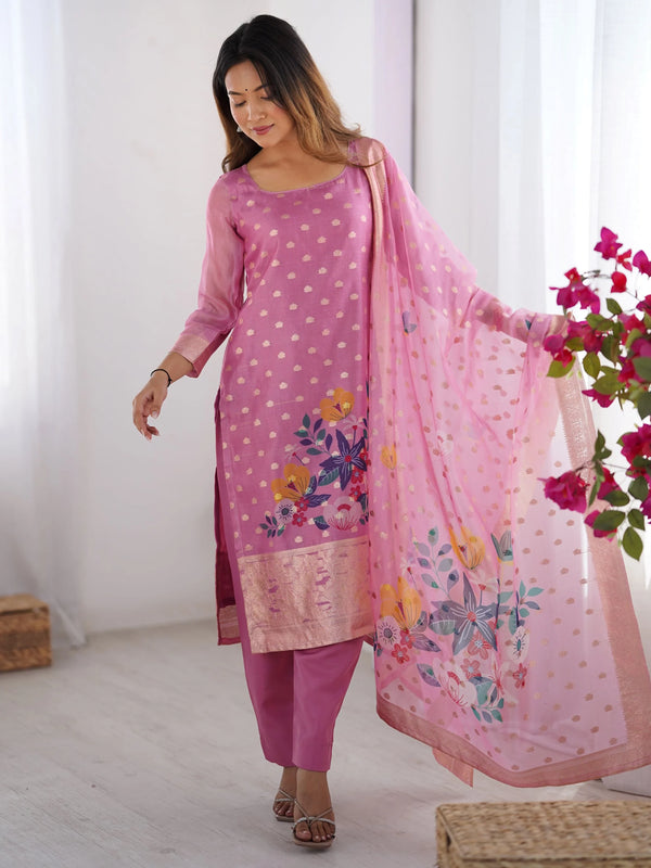 Attractive Baby Pink Floral Print Chanderi Silk Festive Wear Pant Suit - Zeel Clothing