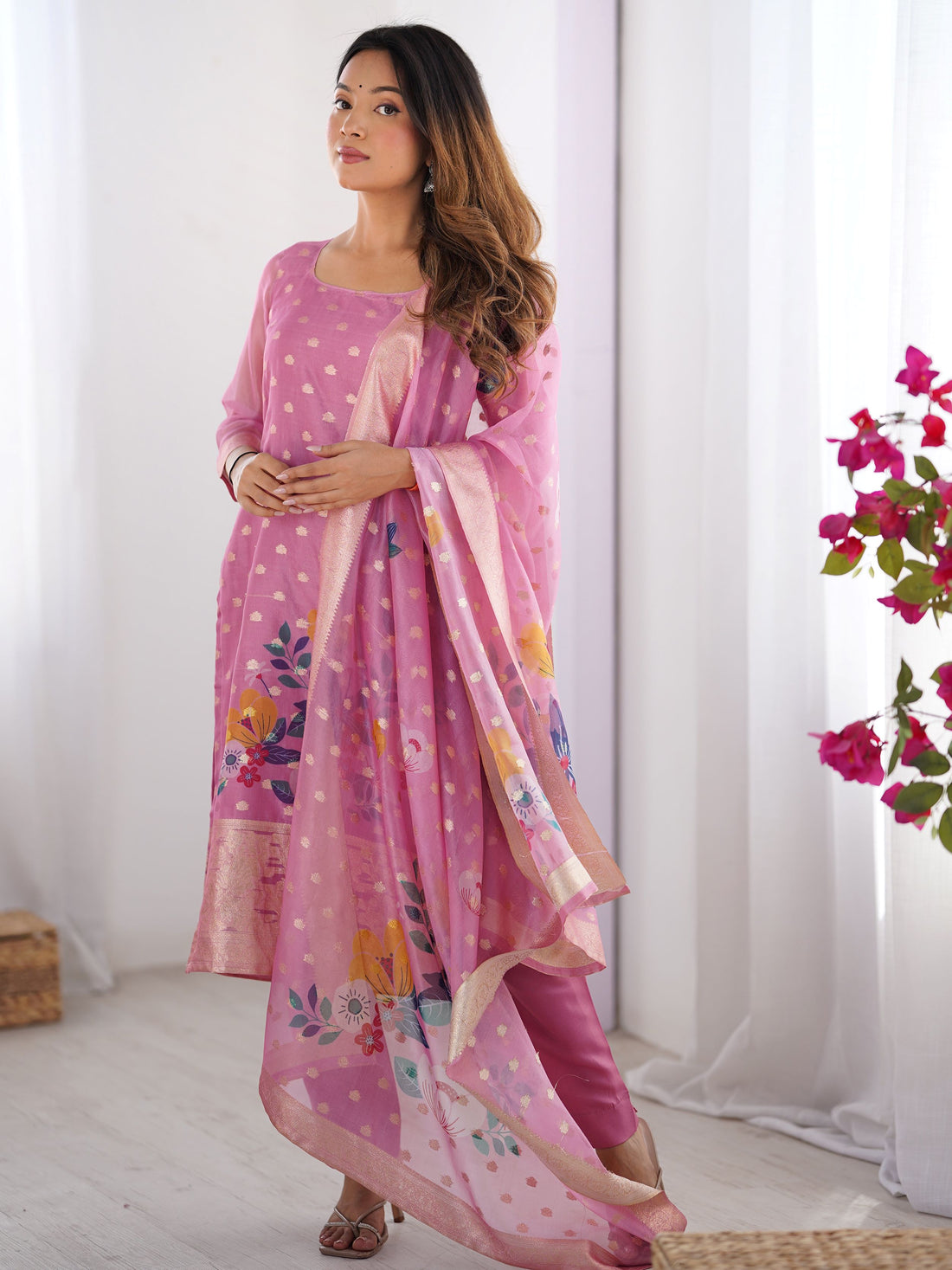 Attractive Baby Pink Floral Print Chanderi Silk Festive Wear Pant Suit - Zeel Clothing