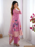 Attractive Baby Pink Floral Print Chanderi Silk Festive Wear Pant Suit - Zeel Clothing