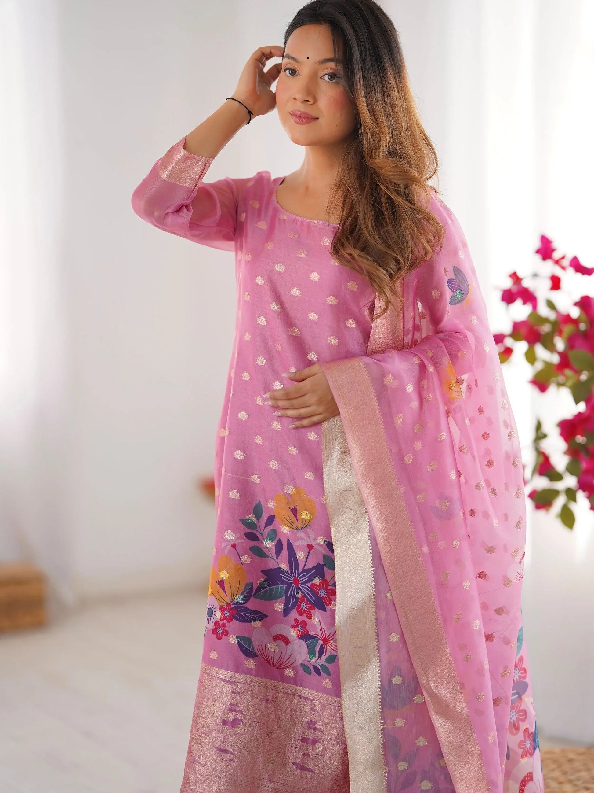 Attractive Baby Pink Floral Print Chanderi Silk Festive Wear Pant Suit - Zeel Clothing