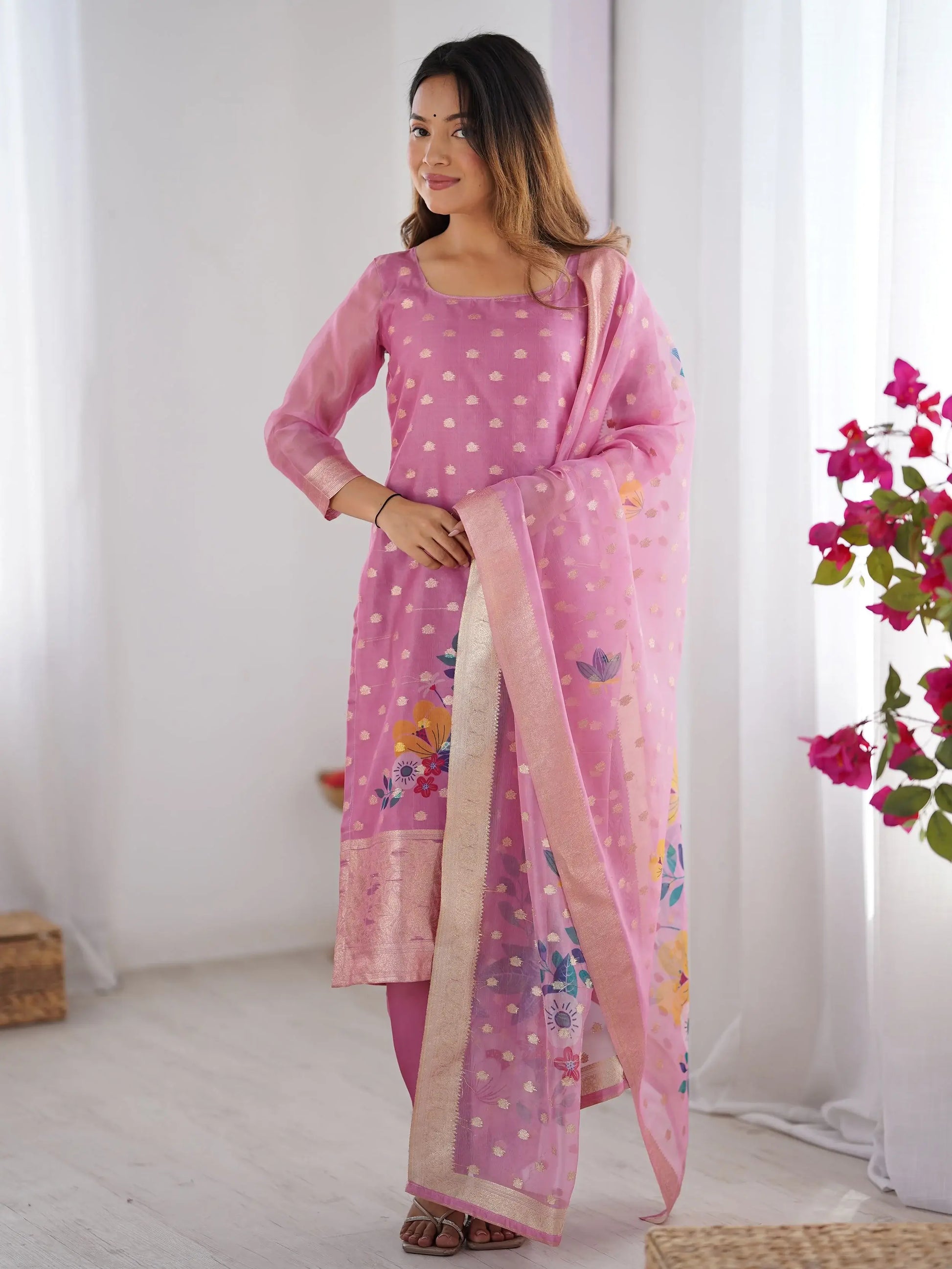 Attractive Baby Pink Floral Print Chanderi Silk Festive Wear Pant Suit - Zeel Clothing