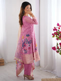 Attractive Baby Pink Floral Print Chanderi Silk Festive Wear Pant Suit - Zeel Clothing