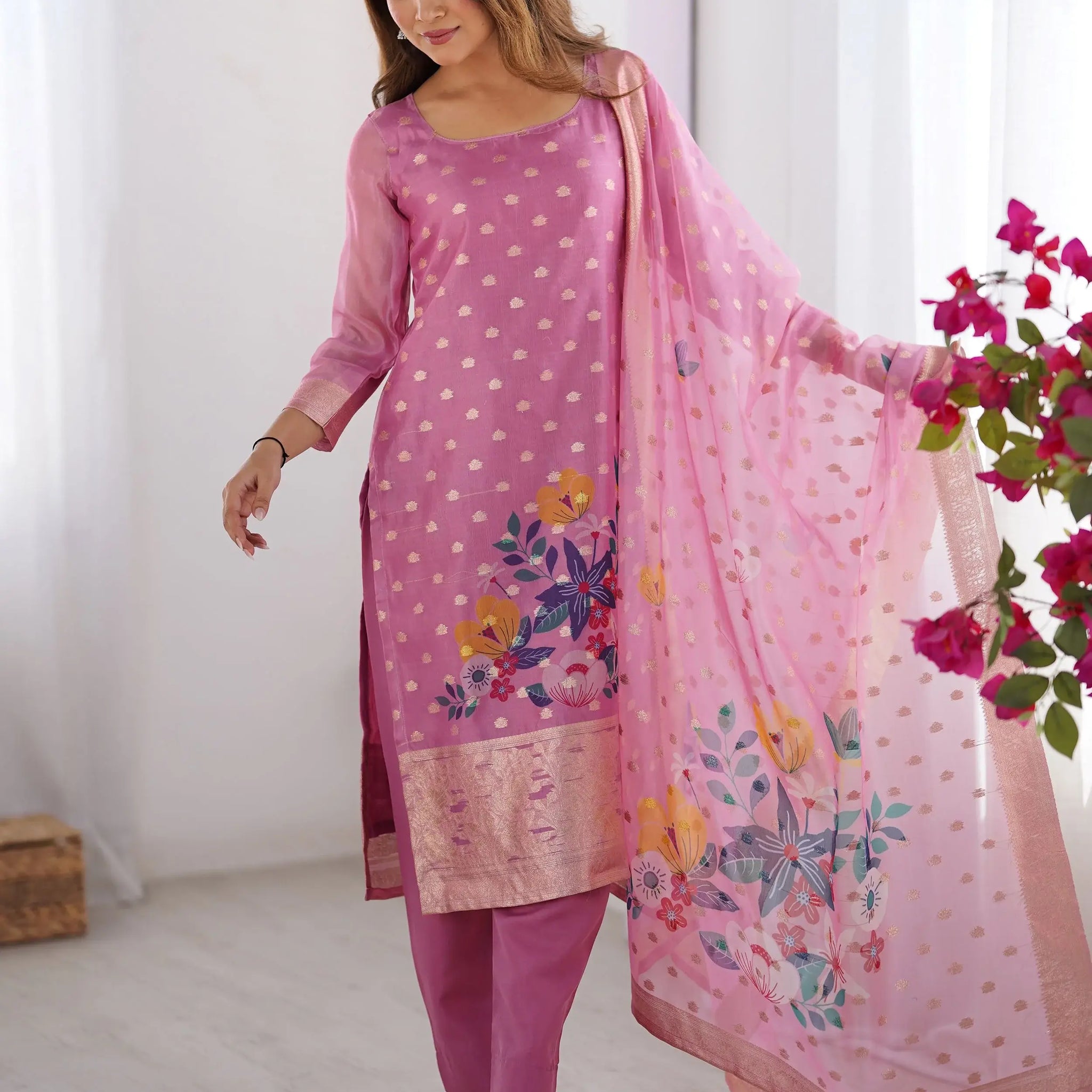 Attractive Baby Pink Floral Print Chanderi Silk Festive Wear Pant Suit - Zeel Clothing