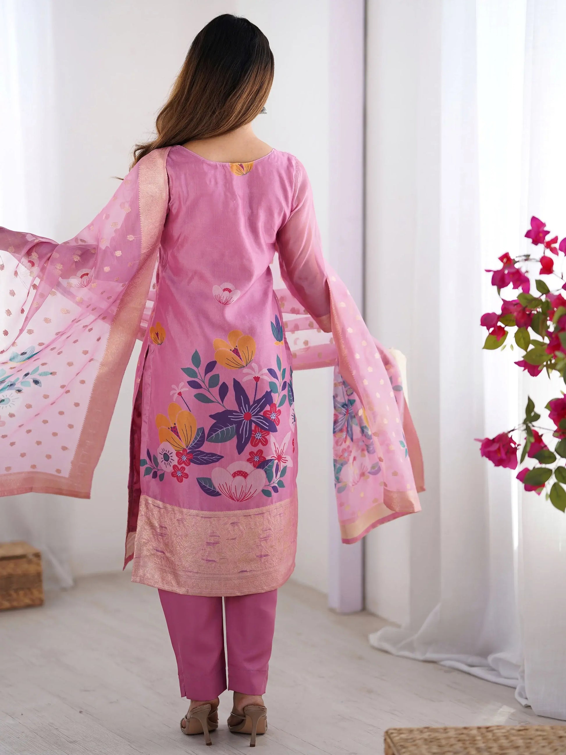 Attractive Baby Pink Floral Print Chanderi Silk Festive Wear Pant Suit - Zeel Clothing