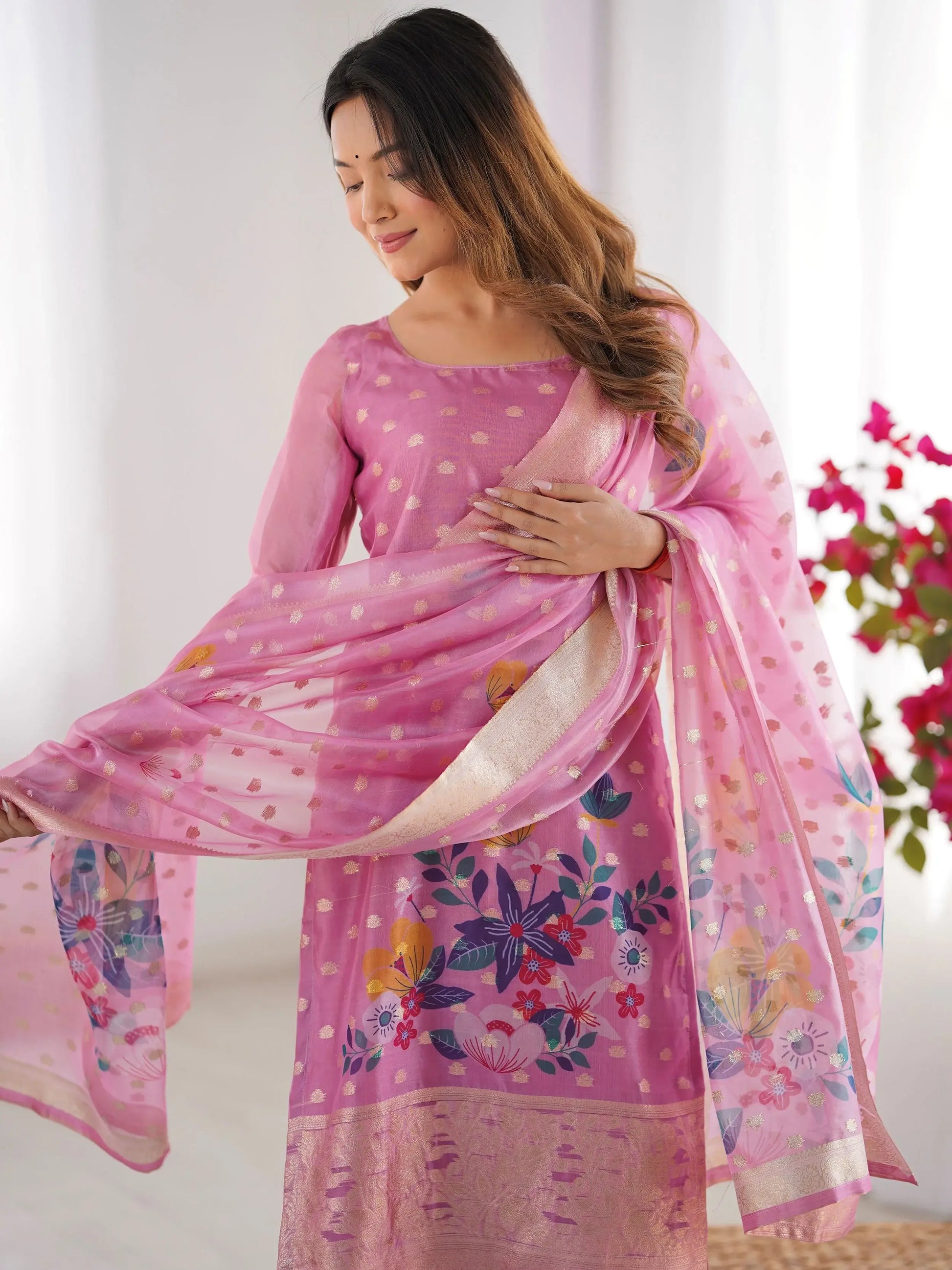 Attractive Baby Pink Floral Print Chanderi Silk Festive Wear Pant Suit - Zeel Clothing