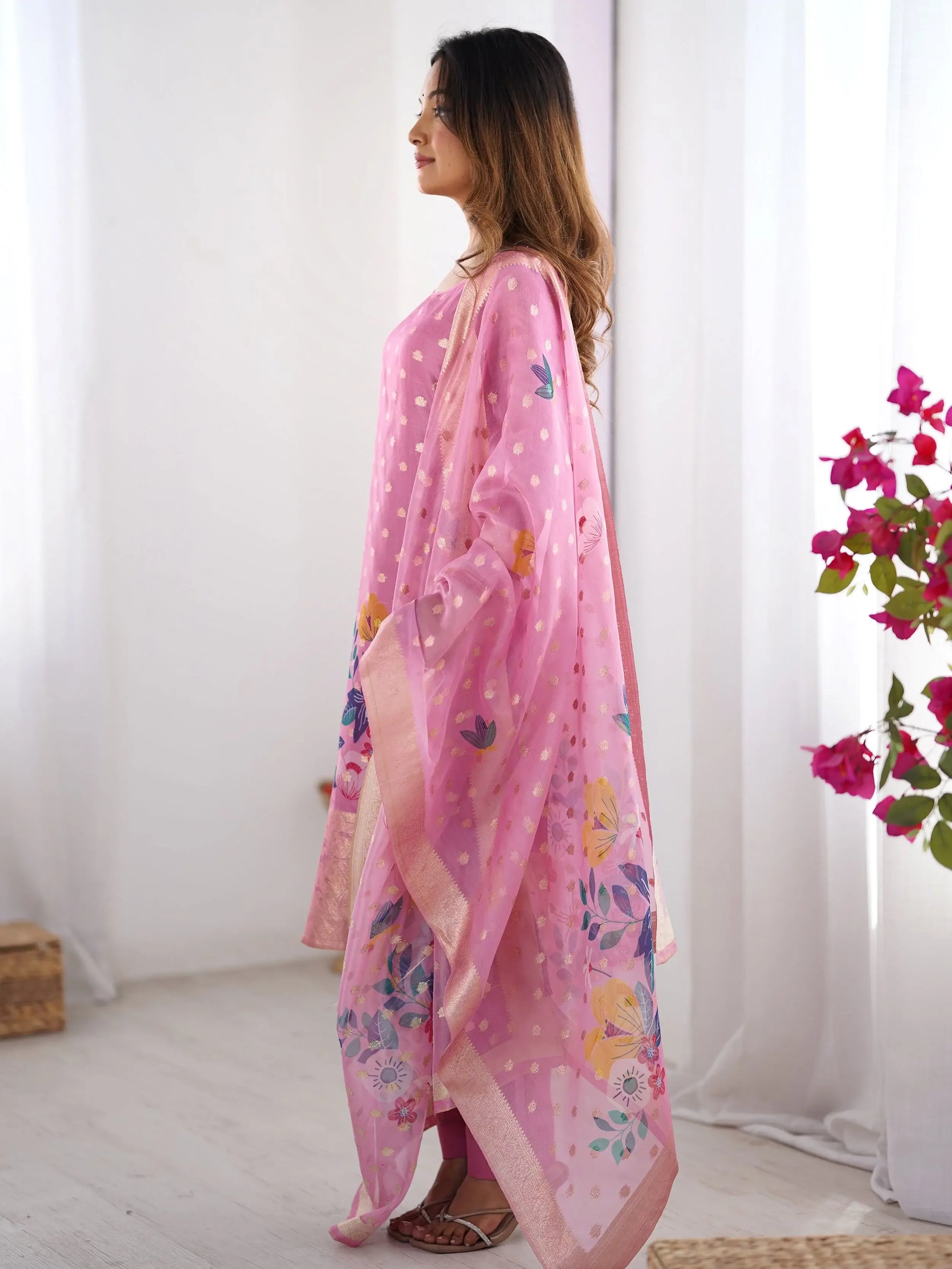 Attractive Baby Pink Floral Print Chanderi Silk Festive Wear Pant Suit - Zeel Clothing