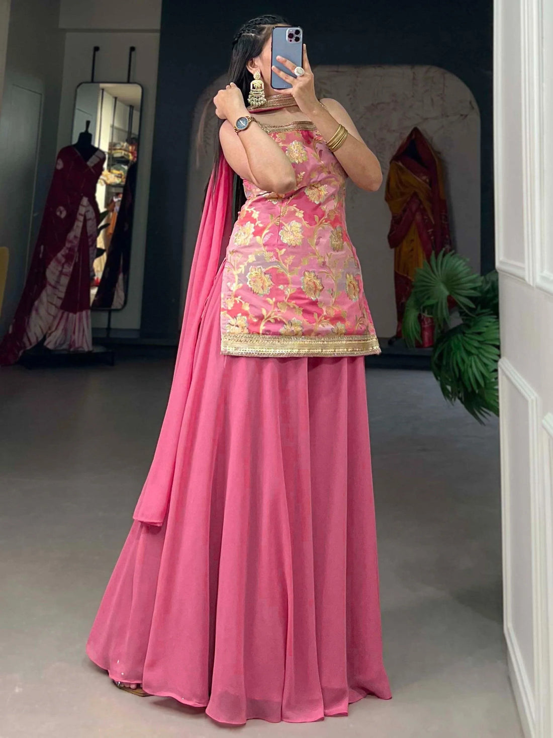 Attractive Baby Pink Georgette Festive Wear Plain Palazzo Kurti