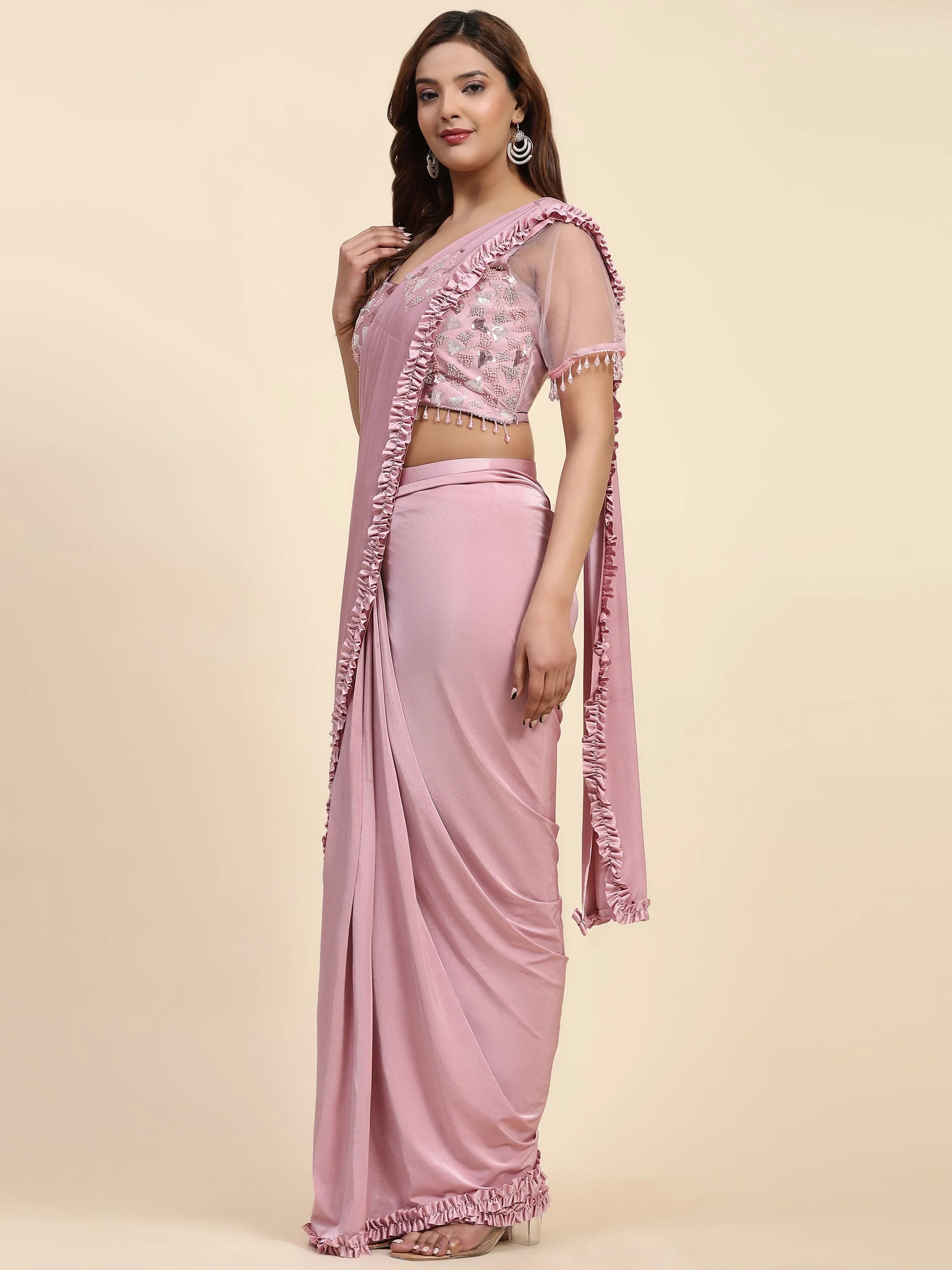 Attractive Baby Pink Satin Ready To Wear Designer Saree With Blouse - Zeel Clothing