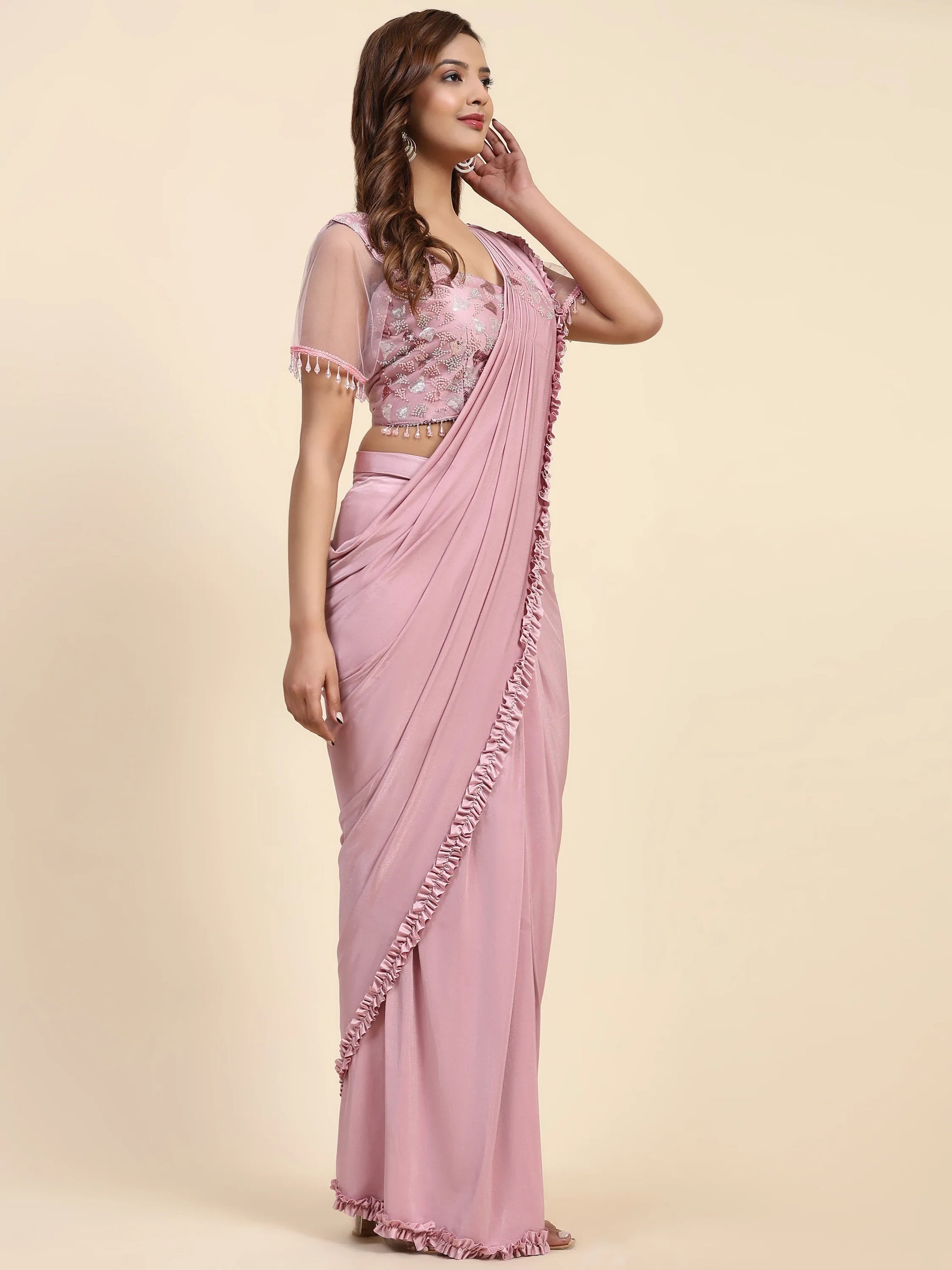 Attractive Baby Pink Satin Ready To Wear Designer Saree With Blouse - Zeel Clothing