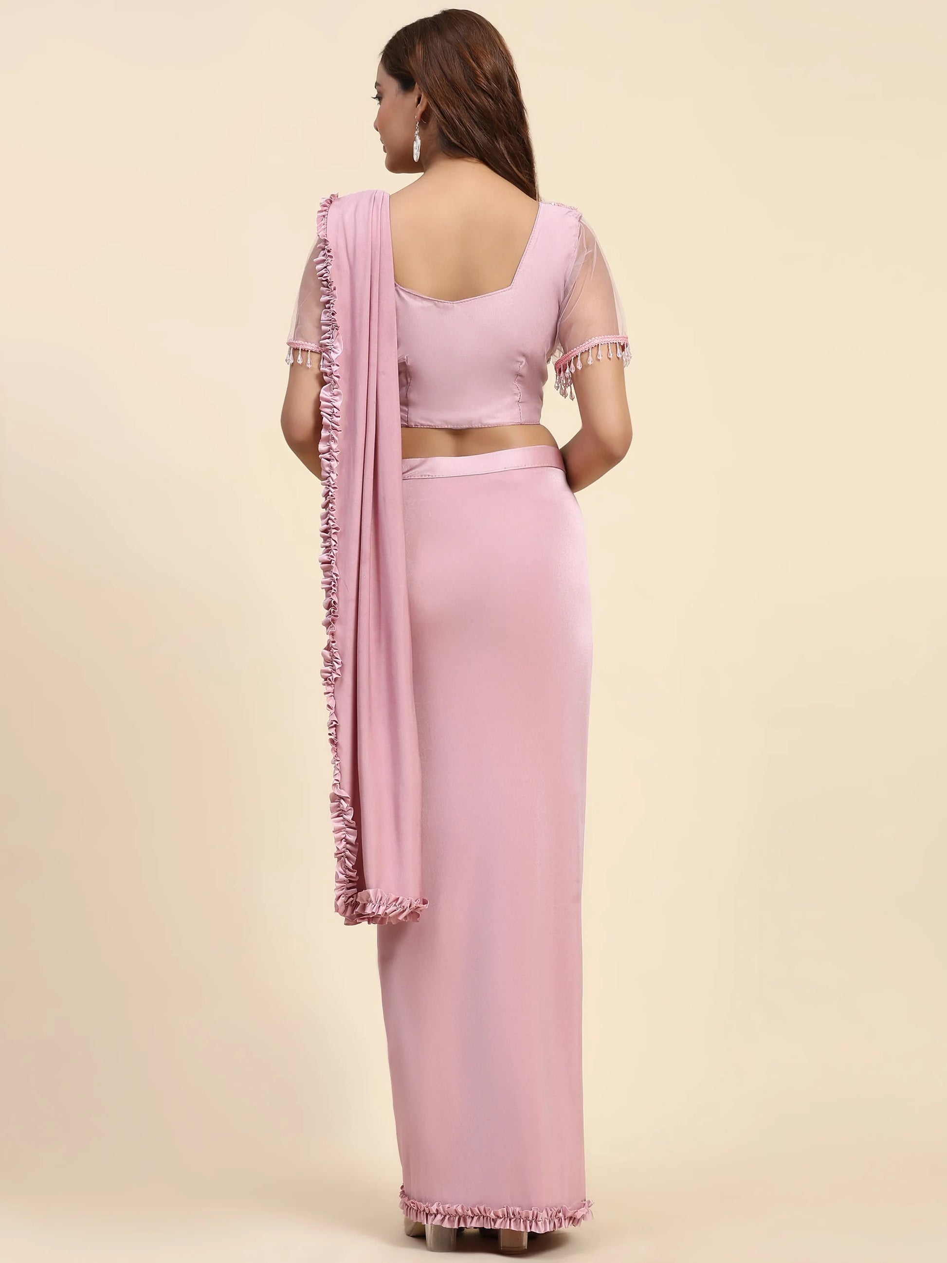 Attractive Baby Pink Satin Ready To Wear Designer Saree With Blouse - Zeel Clothing