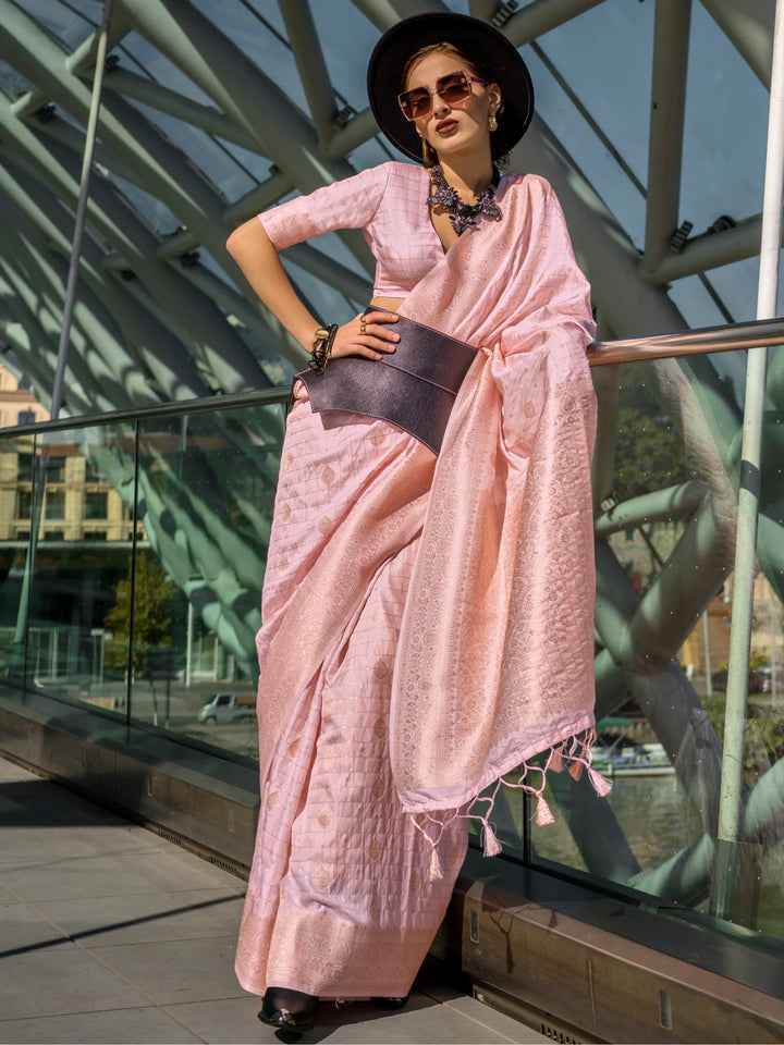 Attractive Baby Pink Zari Weaving Silk Festival Wear Saree With Blouse - Zeel Clothing