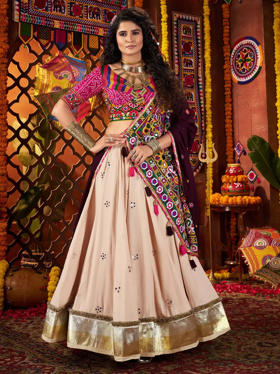Attractive Beige Lace Work Cotton Navratri Wear Lehenga Choli With Dupatta - Zeel Clothing