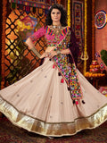 Attractive Beige Lace Work Cotton Navratri Wear Lehenga Choli With Dupatta - Zeel Clothing