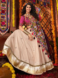 Attractive Beige Lace Work Cotton Navratri Wear Lehenga Choli With Dupatta - Zeel Clothing