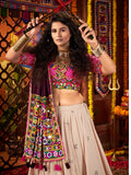 Attractive Beige Lace Work Cotton Navratri Wear Lehenga Choli With Dupatta - Zeel Clothing