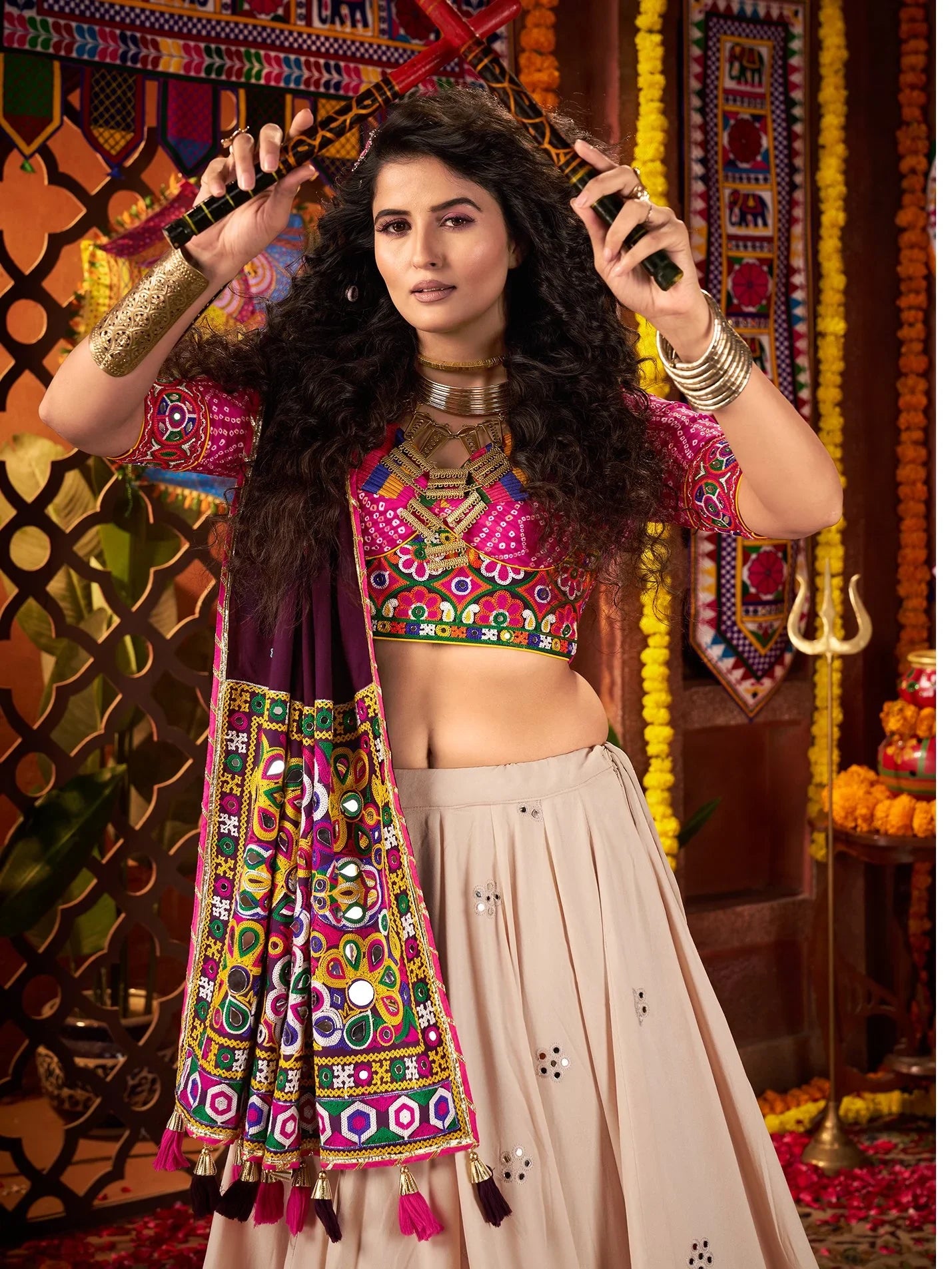 Attractive Beige Lace Work Cotton Navratri Wear Lehenga Choli With Dupatta - Zeel Clothing
