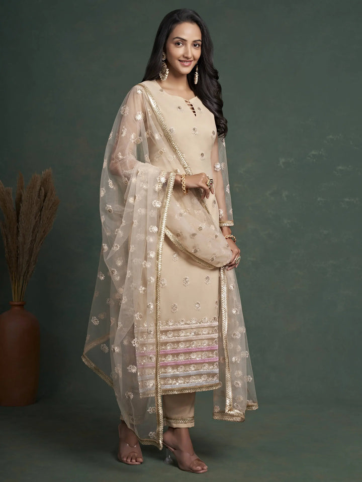 Attractive Beige Sequins Butterfly Net Event Wear Salwar Kameez - Zeel Clothing