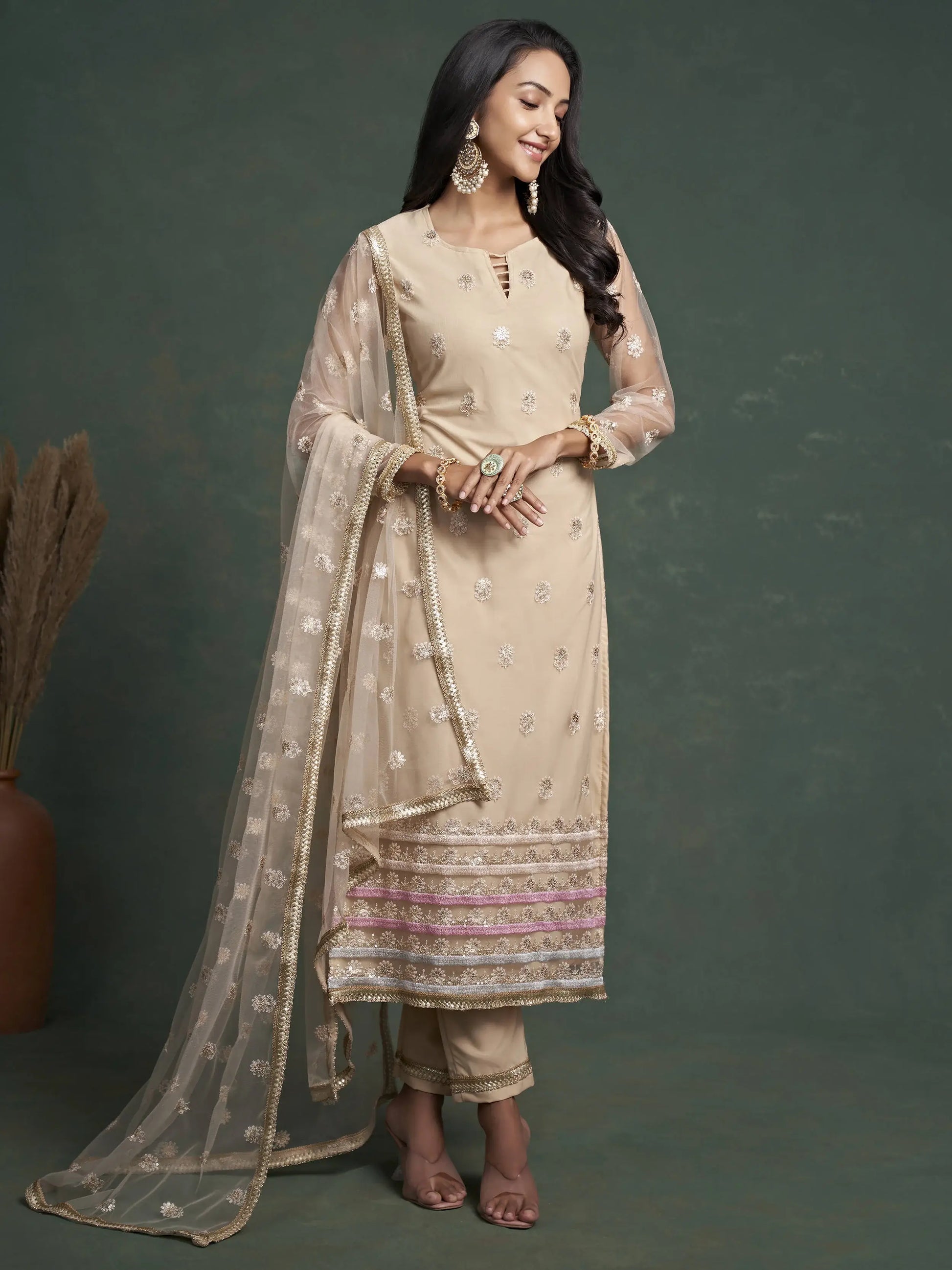 Attractive Beige Sequins Butterfly Net Event Wear Salwar Kameez - Zeel Clothing
