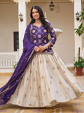 Attractive Beige Sequins Tissue Wedding Wear Lehenga With Long Choli