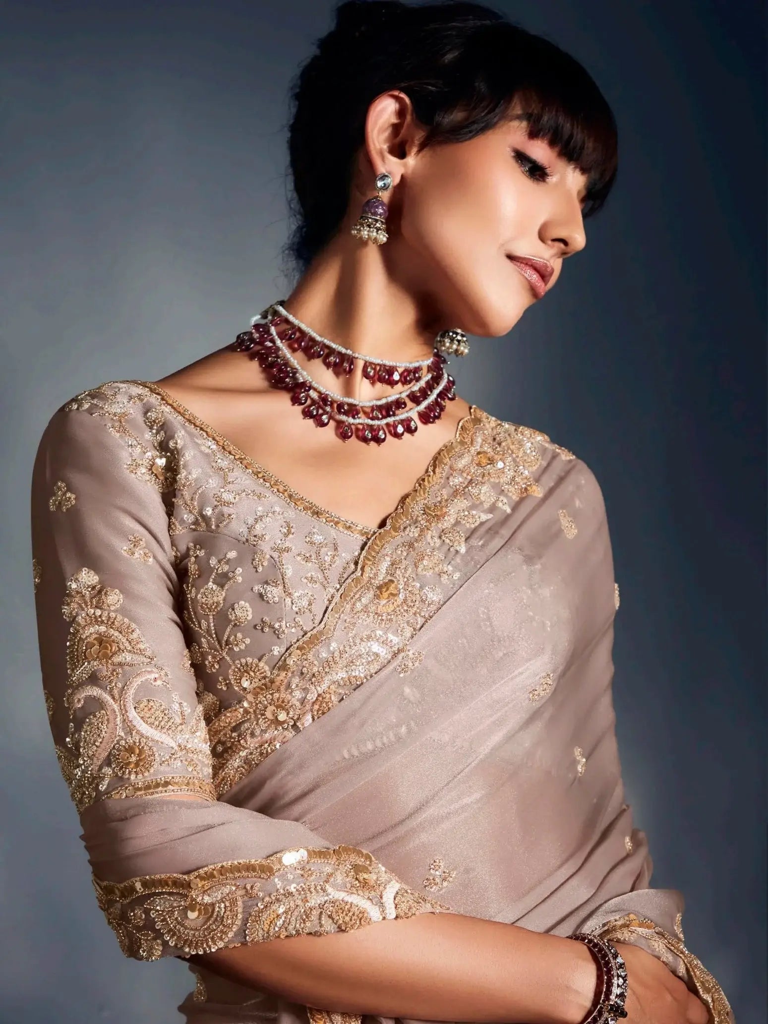 Attractive Beige Sequins Work Organza Function Wear Saree With Blouse - Zeel Clothing