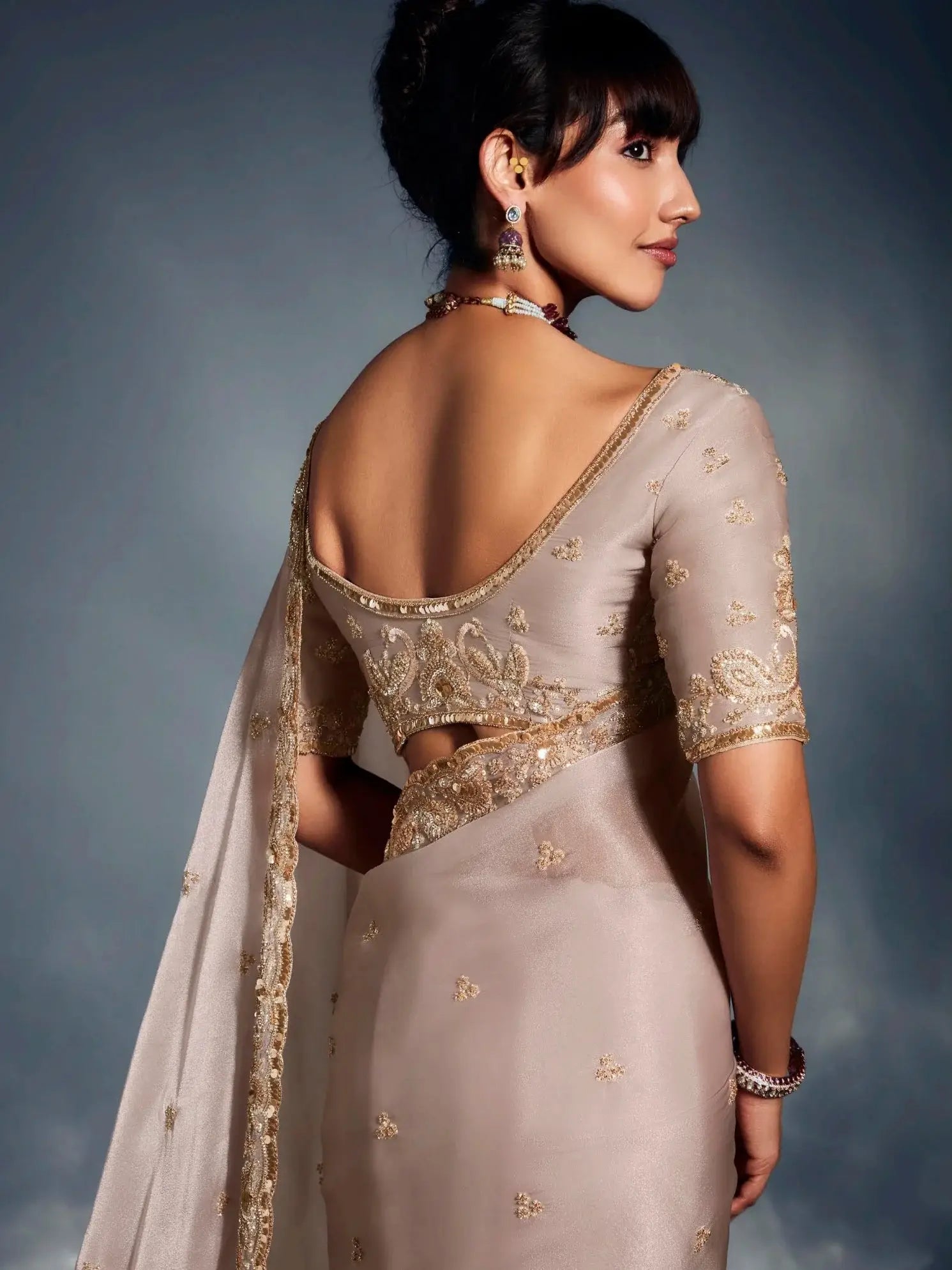 Attractive Beige Sequins Work Organza Function Wear Saree With Blouse - Zeel Clothing