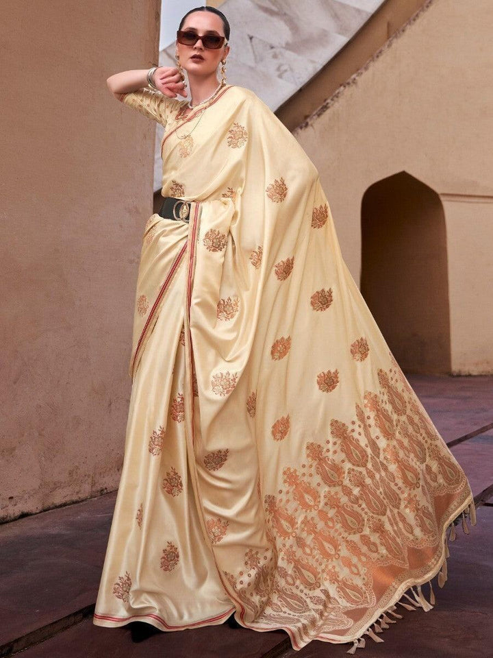 Attractive Beige Zari Weaving Satin Festive Wear Saree With Blouse