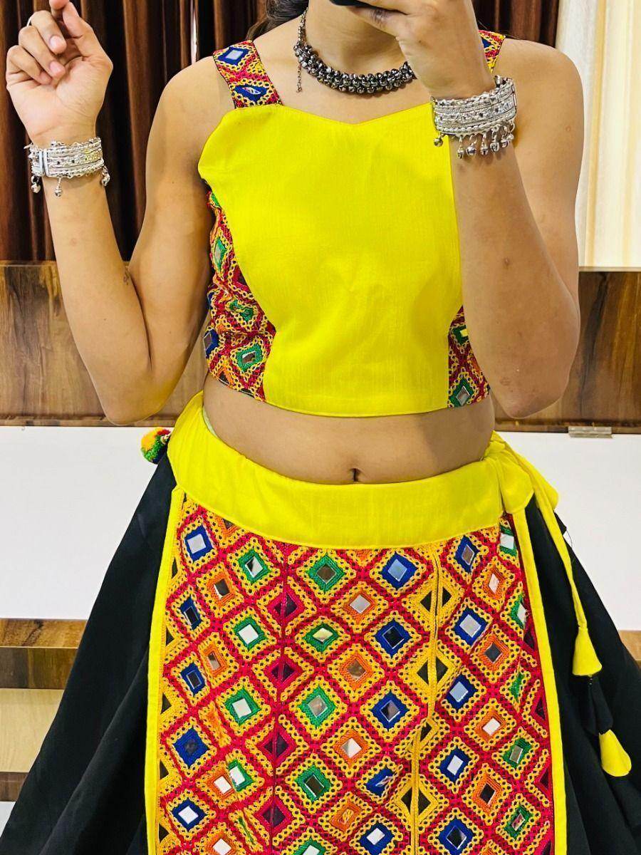 Attractive Black & Yellow Gamthi Work Cotton Navratri Lehenga Choli - Zeel Clothing