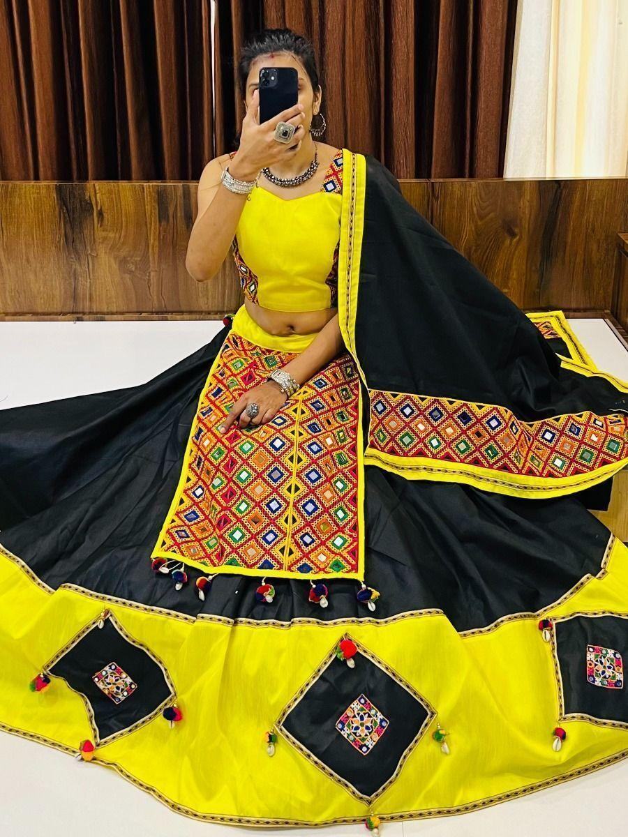 Attractive Black & Yellow Gamthi Work Cotton Navratri Lehenga Choli - Zeel Clothing