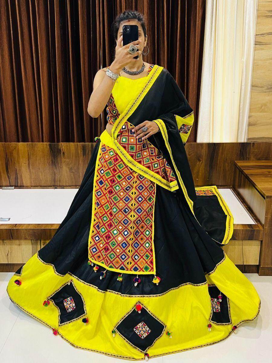 Attractive Black & Yellow Gamthi Work Cotton Navratri Lehenga Choli - Zeel Clothing
