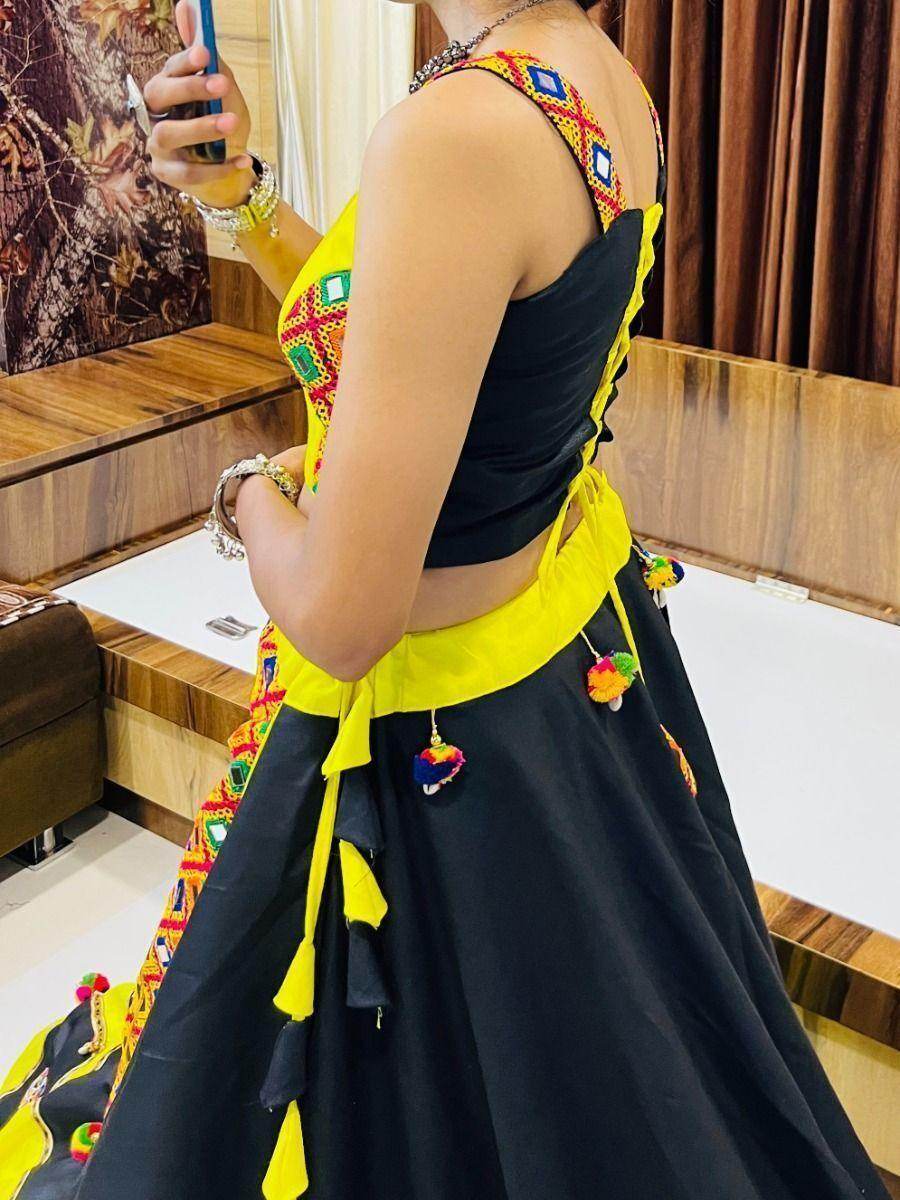 Attractive Black & Yellow Gamthi Work Cotton Navratri Lehenga Choli - Zeel Clothing