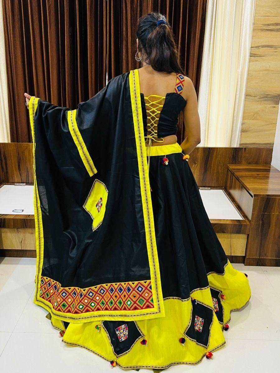 Attractive Black & Yellow Gamthi Work Cotton Navratri Lehenga Choli - Zeel Clothing