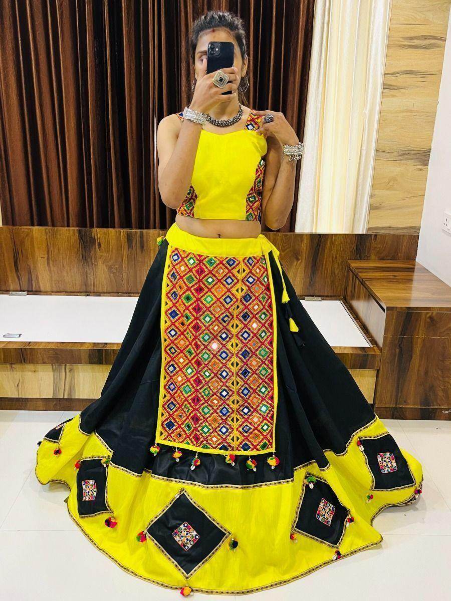 Attractive Black & Yellow Gamthi Work Cotton Navratri Lehenga Choli - Zeel Clothing