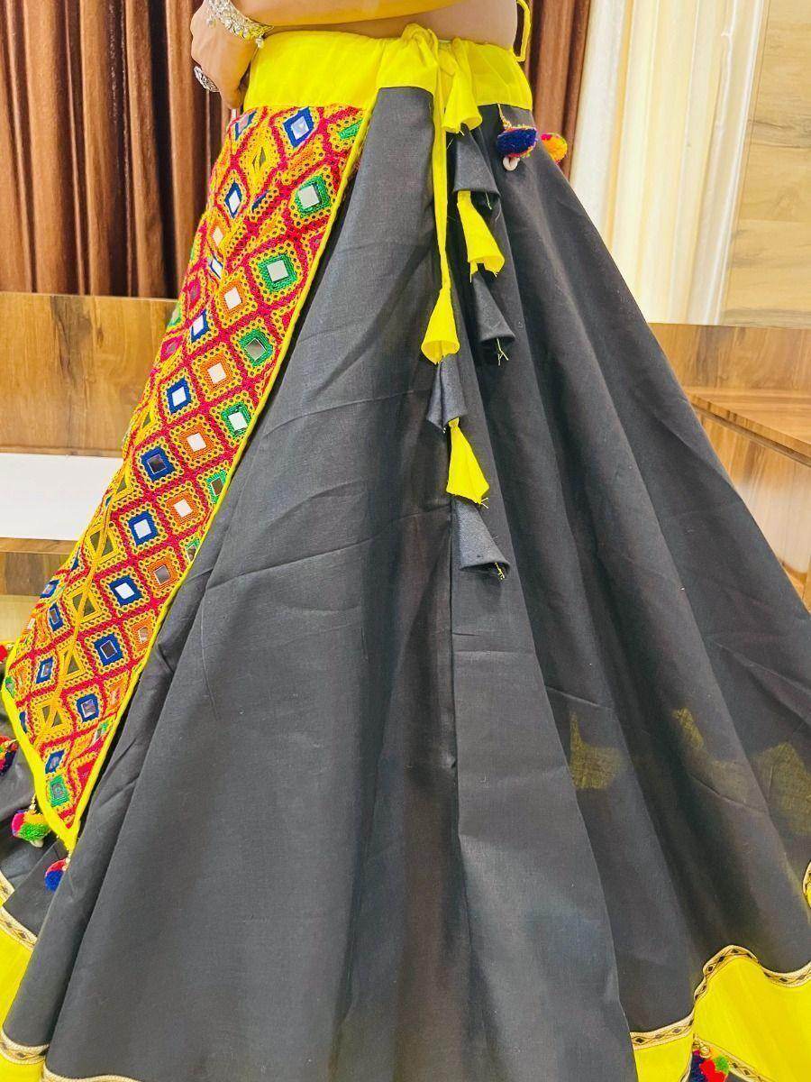 Attractive Black & Yellow Gamthi Work Cotton Navratri Lehenga Choli - Zeel Clothing