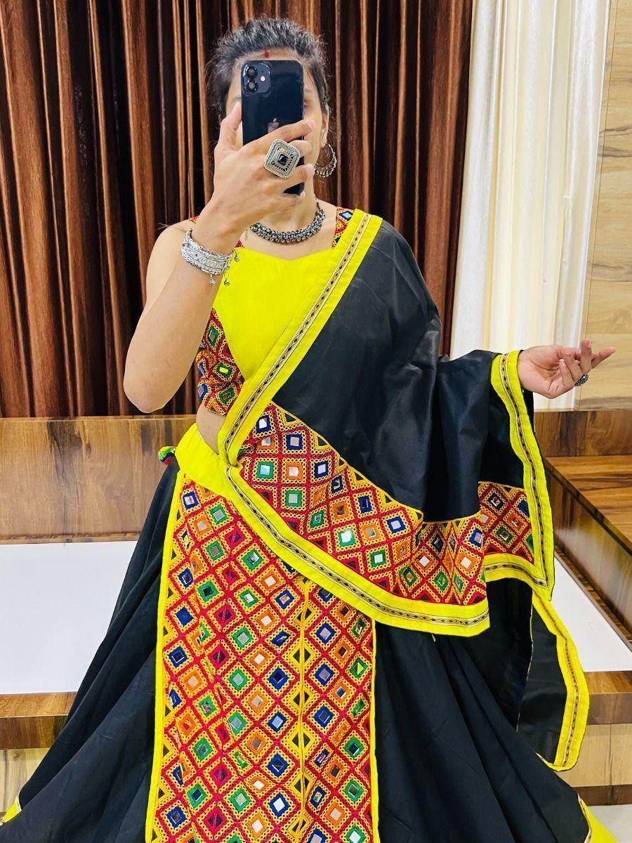 Attractive Black & Yellow Gamthi Work Cotton Navratri Lehenga Choli - Zeel Clothing
