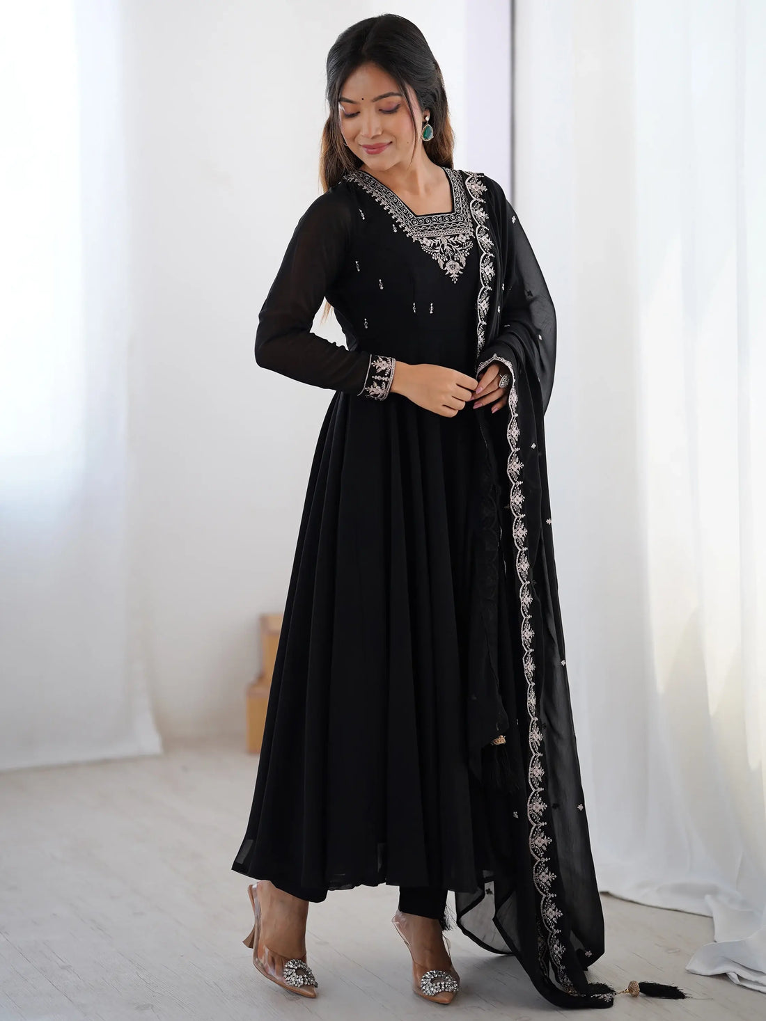 Attractive Black Beads Work Georgette Festival Wear Suit With Dupatta - Zeel Clothing
