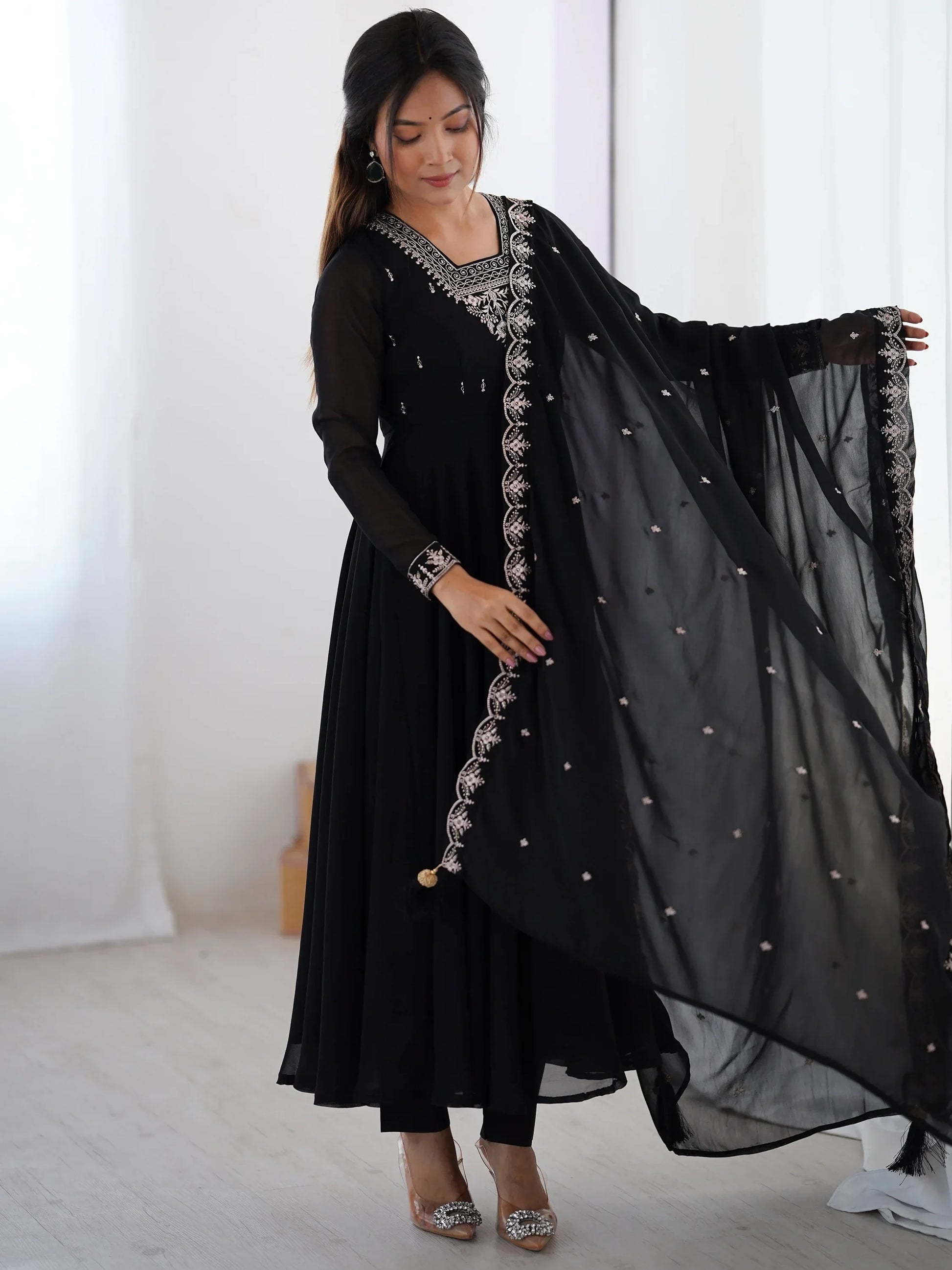 Attractive Black Beads Work Georgette Festival Wear Suit With Dupatta - Zeel Clothing