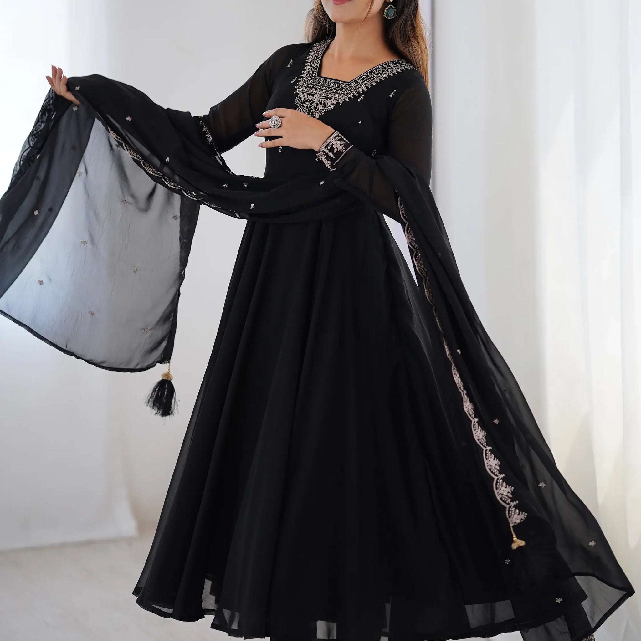 Attractive Black Beads Work Georgette Festival Wear Suit With Dupatta - Zeel Clothing
