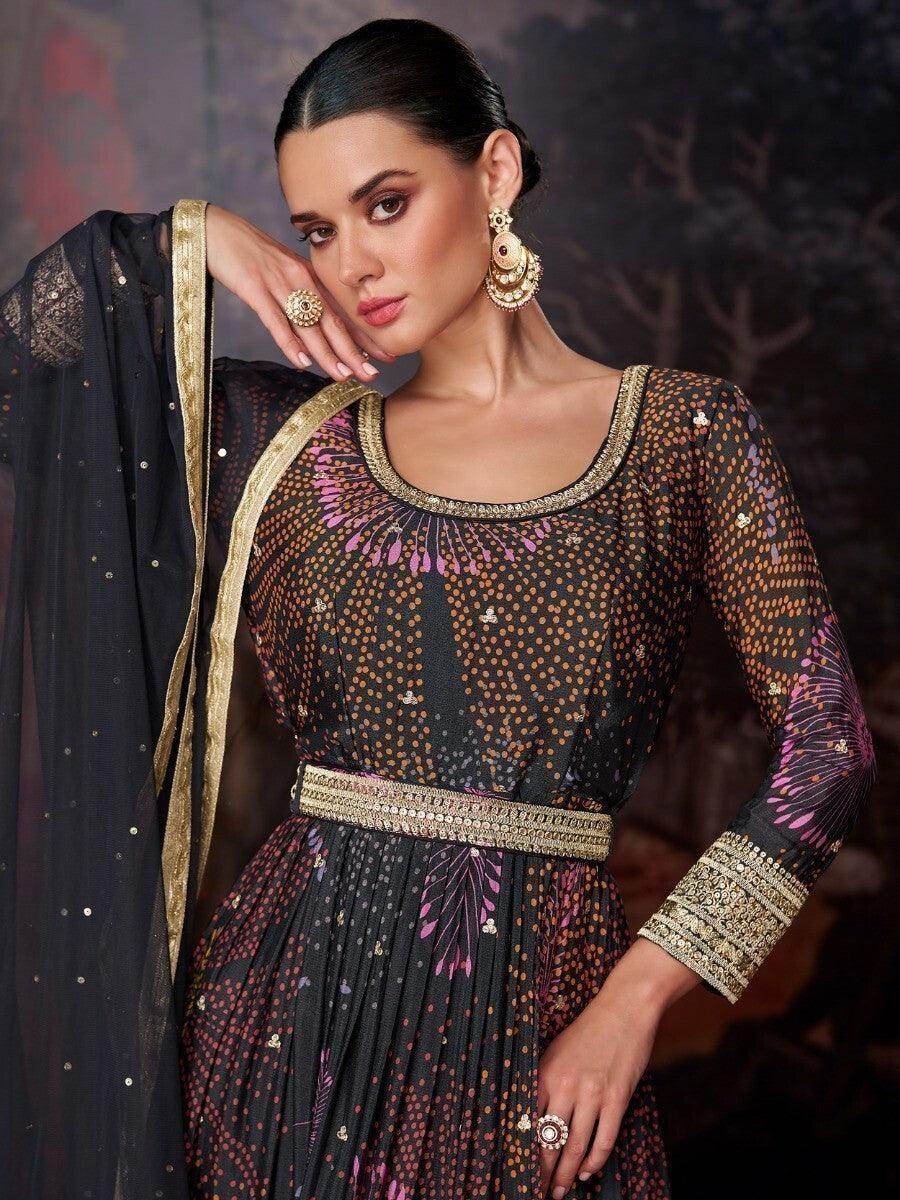 Attractive Black Digital Print Georgette Designer Pant Suit - Zeel Clothing