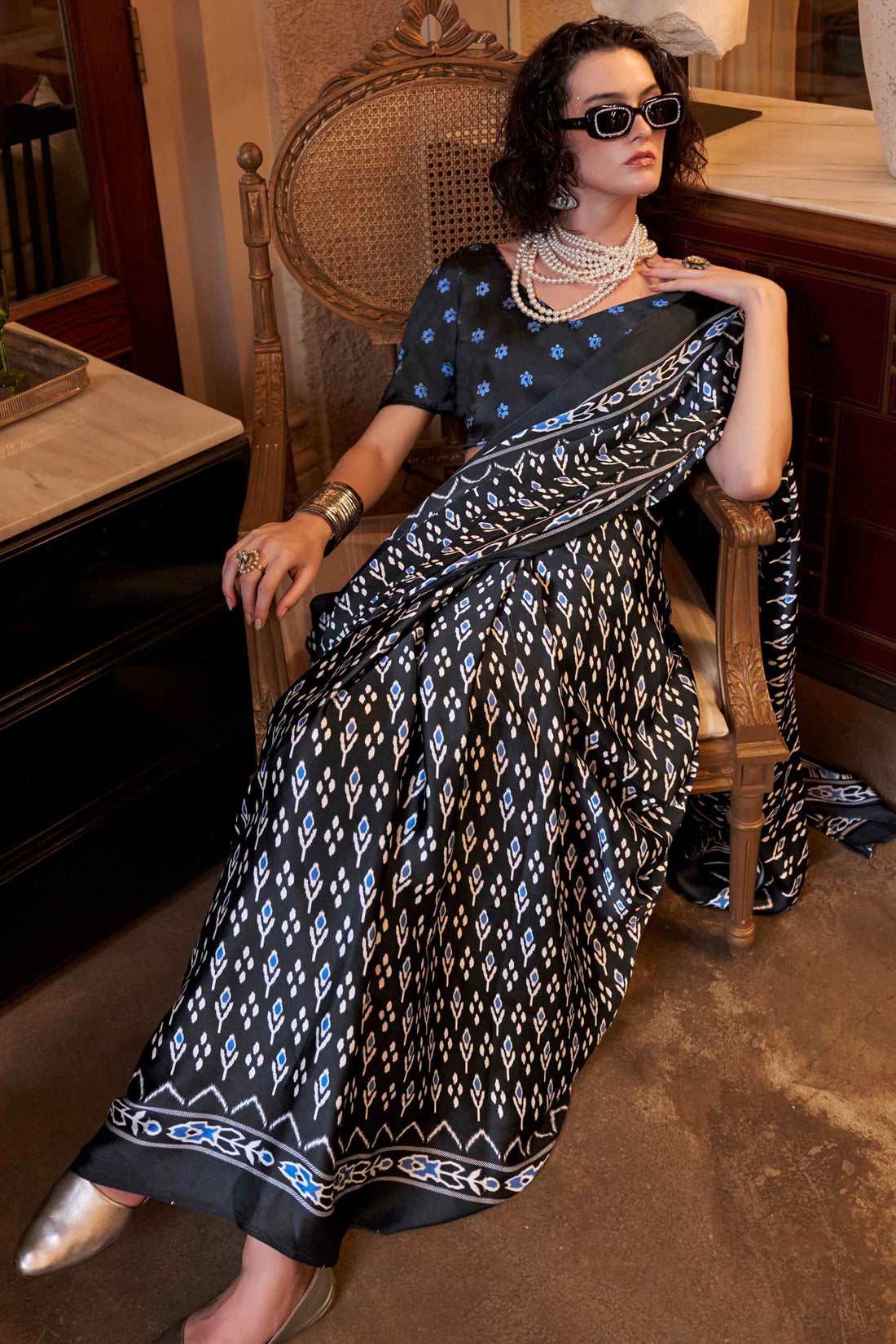 Attractive Black Digital Printed Satin Event Wear Saree With Blouse - Zeel Clothing