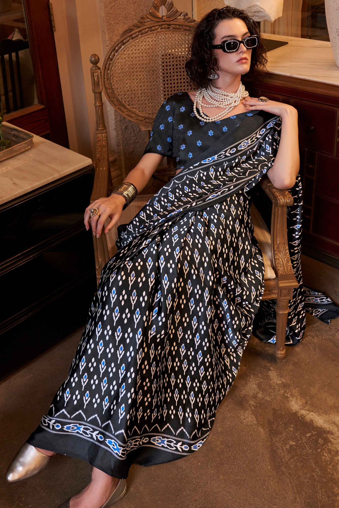 Attractive Black Digital Printed Satin Event Wear Saree With Blouse - Zeel Clothing