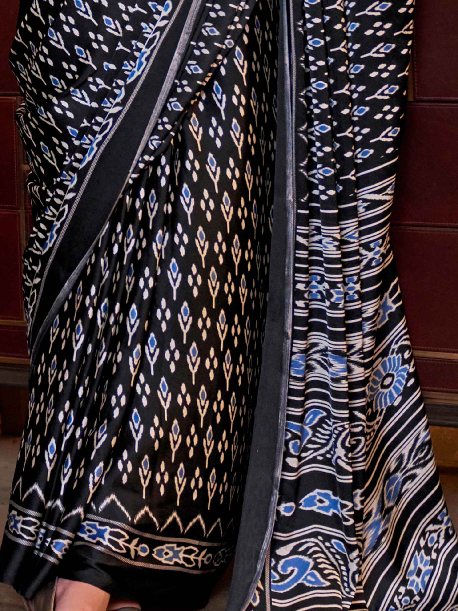 Attractive Black Digital Printed Satin Event Wear Saree With Blouse - Zeel Clothing