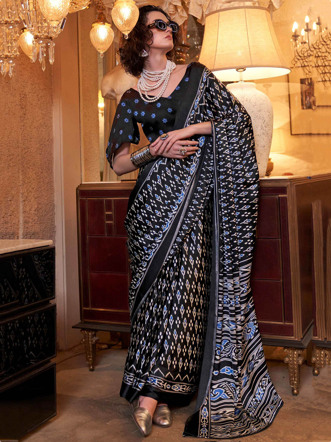 Attractive Black Digital Printed Satin Event Wear Saree With Blouse - Zeel Clothing