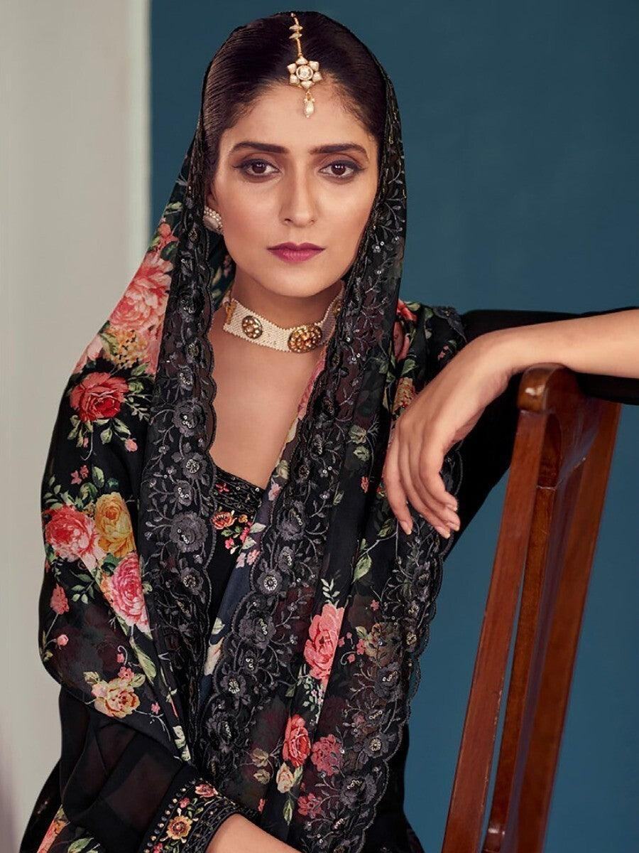 Attractive Black Embroidered Georgette Salwar Kameez With Dupatta